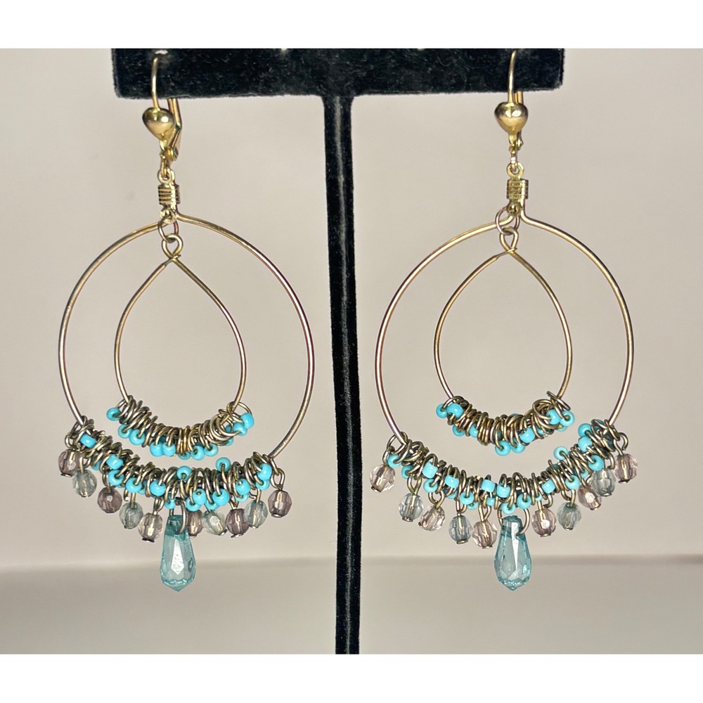 Vintage Gold Tone Boho Double Hoop Earrings Blue Bead Crystal Drop Lever Back